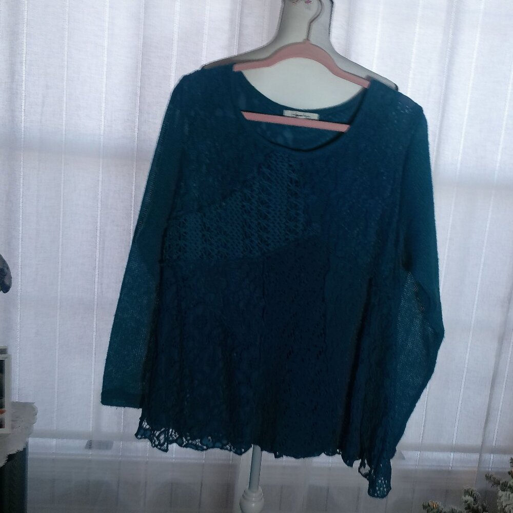 LINDA ANDERSON Long Sleeve Scoop Neck ALL Lace with Lining Teal Sweater XXL